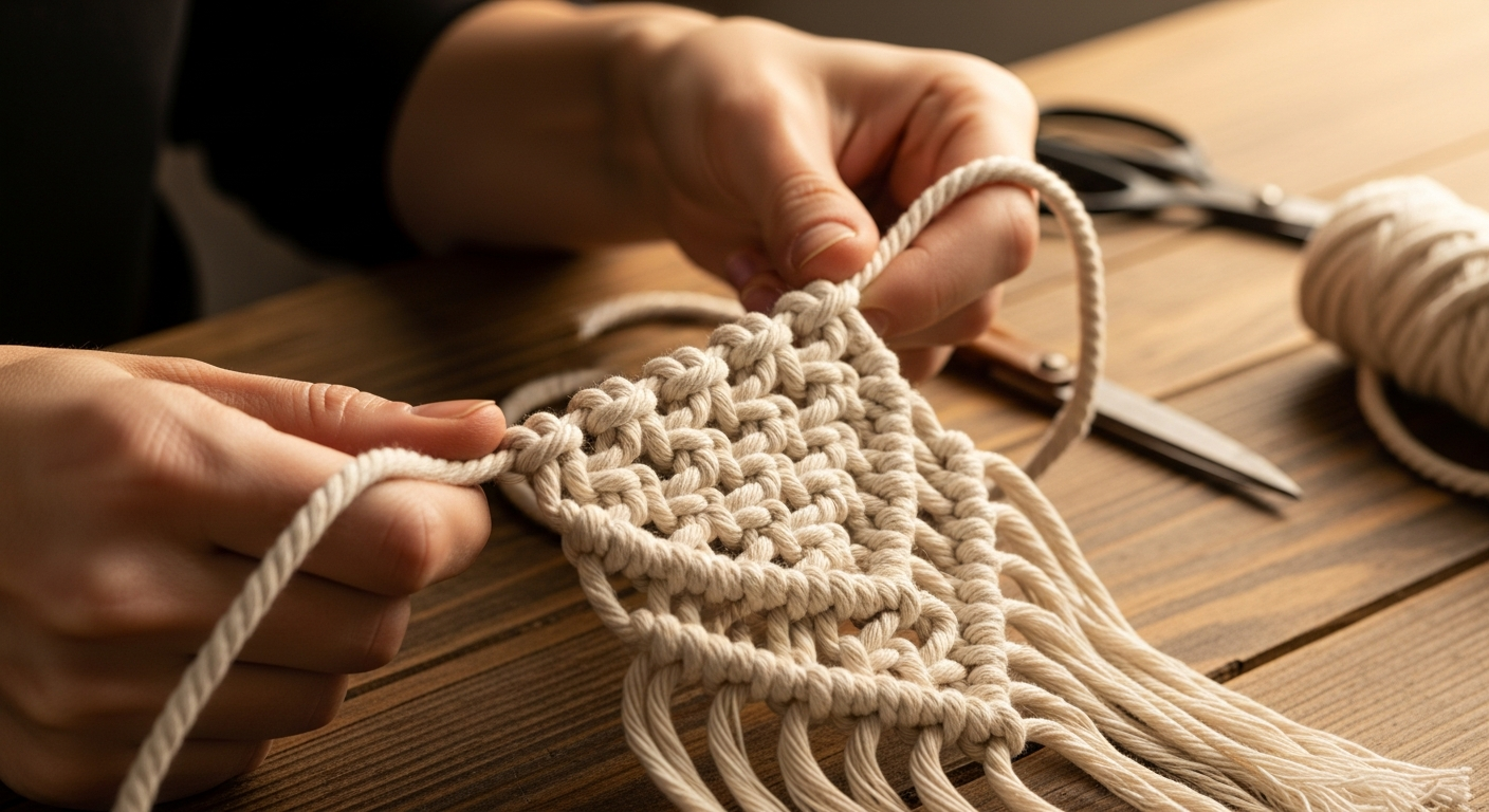 Процесс плетения макраме из хлопкового шнура